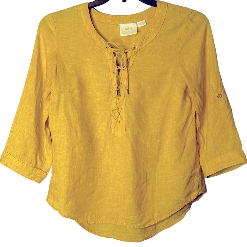 Maeve Anthropologie 100% Linen Lace Up Peasant Boho Poet Blouse Mustard Size 4